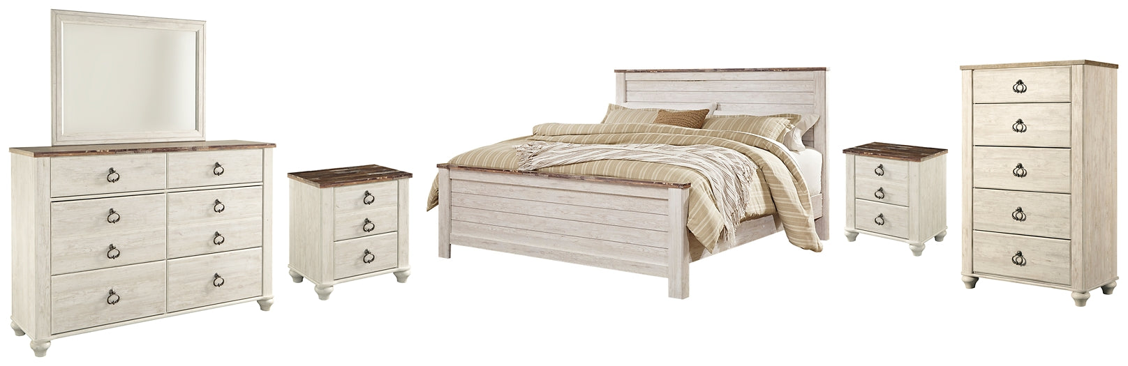 Willowton  Panel Bed With Mirrored Dresser, Chest And 2 Nightstands