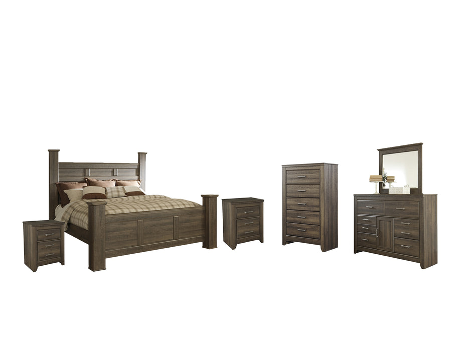 Juararo King Poster Bed with Mirrored Dresser, Chest and 2 Nightstands