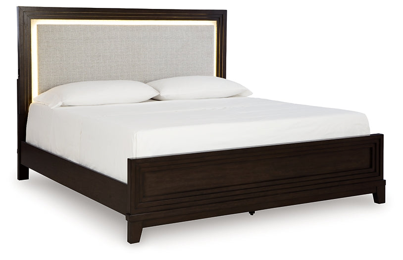 Neymorton California King Upholstered Panel Bed with Dresser