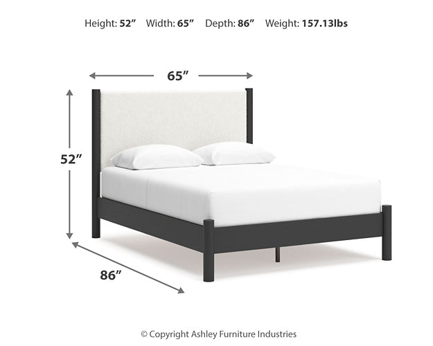 Cadmori Queen Upholstered Panel Bed with Mirrored Dresser and Chest