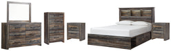 Drystan Queen Bookcase Bed with 2 Storage Drawers with Mirrored Dresser, Chest and 2 Nightstands (8027065811261)