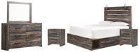 Drystan Queen Panel Bed with 2 Storage Drawers with Mirrored Dresser and 2 Nightstands (8027129512253)