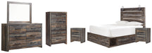 Drystan Queen Panel Bed with 2 Storage Drawers with Mirrored Dresser, Chest and 2 Nightstands (8027138687293)