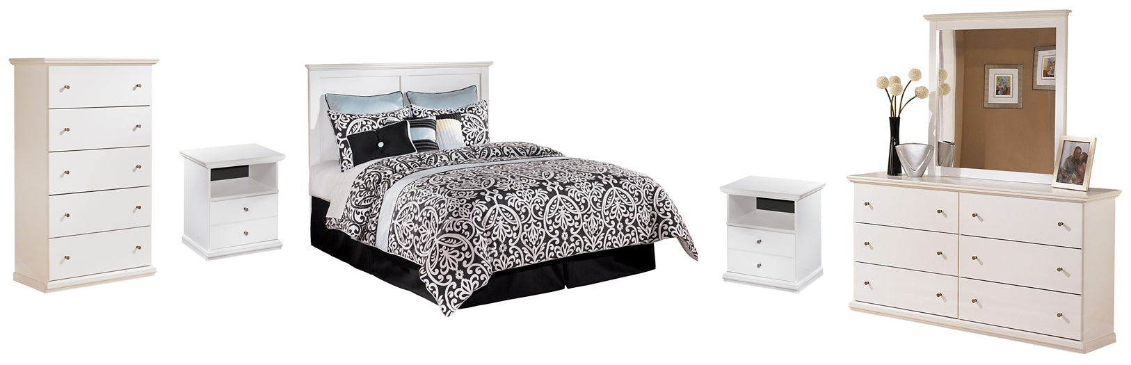 Bostwick Shoals Queen/Full Panel Headboard with Mirrored Dresser, Chest and 2 Nightstands