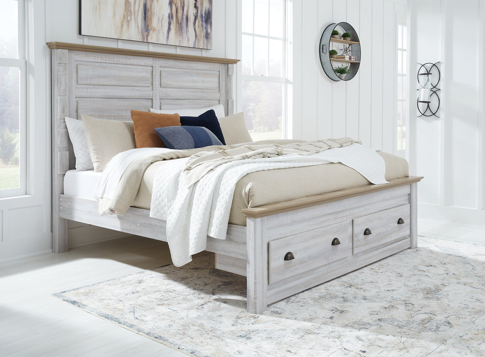 Haven Bay King Panel Storage Bed with Mirrored Dresser and Chest