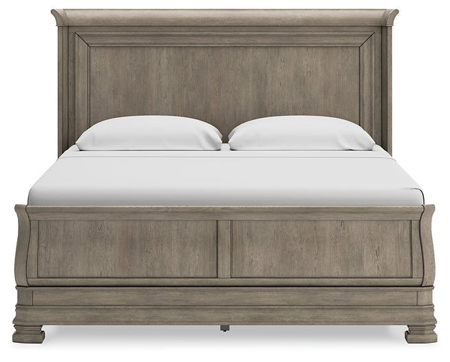 Lexorne California King Sleigh Bed with Mirrored Dresser, Chest and Nightstand