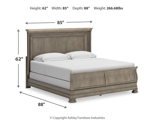 Lexorne California King Sleigh Bed with Mirrored Dresser and Chest